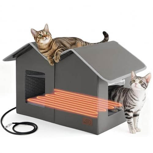 Bedsure Heated Outdoor Cat House-Extra Wide Weatherproof and Warming Feral Cat Shelter with Raised Base in Winter, Waterproof Insulated Outside Pet Hideout for Stray Kitty, 22.5x12.5x13.25inches, Grey