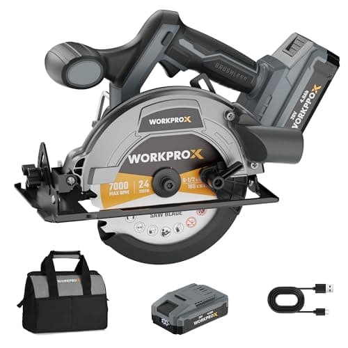 WORKPROX 20V Cordless Circular Saw, 6-1/2'' Brushless Circular Saw, 5500 RPM & Storage Bag, Max Cutting Depth 2-5/16"(90°),1-9/16" (45°) for Precise Wood & PVC Cutting