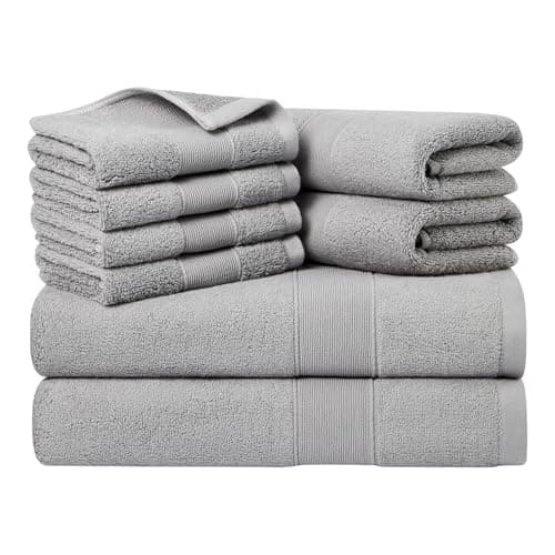 Vacilandia 8-Piece Towel Set Bath Towels Hand Towels Face Towels 100% Cotton Super Soft (Light Grey)