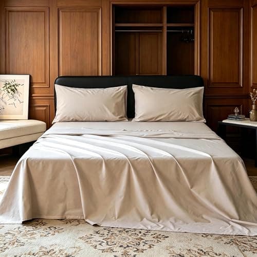 QKTE 100% Washed Cotton Yarn-Dyed Sheet Set Queen Size, Breathable Soft Bedding Sheets Set 4 Pcs-1 Flat Sheet, 1 Fitted Sheet & 2 Pillowcase with 17” Deep Pocket(Camel, Queen)