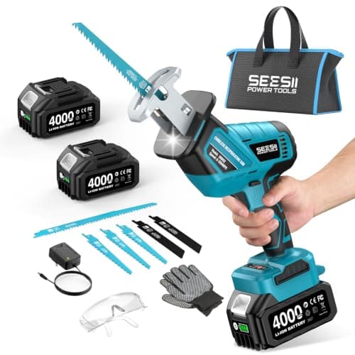 SEESII Reciprocating Saw Cordless, Variable Speed 3500 RPM Brushless Motor with 6 Saw Blades, 2 x 4.0Ah Batteries, LED Light, Tool‑Free Blade Change, Portable for Wood PVC Cutting