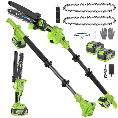 Pole Saw Battery Powered with Mini Chainsaw 8 Inch, Extension Pole, Tool-Free Chain Tension, 4.0Ah Batteries, Extra Chains, Up to 15FT Reach, Cordless Pole Chainaw for Tree Pruning & Branch Trimming