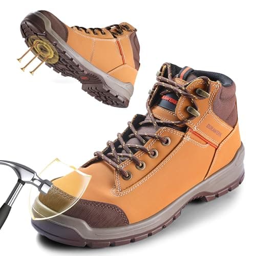DURAWERK Steel Toe Shoes for Men, Light Comfortable High Top Work Boots, Non-Slip Safety Shoes for Men with Wide Toe Box, Indestructible Leather Construction Boots (Wheat, 10)