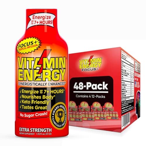Vitamin Energy Focus+ Extra Strength Energy Shot Tropical Infusion 48 Pack, 260mg Natural Caffeine, B-Vitamins, CoQ10, Amino Acids, Focus, Productivity & Clarity, Zero Sugar, Gluten-Free, 1.93 fl oz