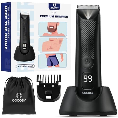 COCOSY Body Hair Trimmer for Men - Ball Trimmer, Ceramic Blade, Waterproof Electric Groin Hair Trimmer with Standing Recharge Dock & Travel Pouch, Male Hygiene Razor
