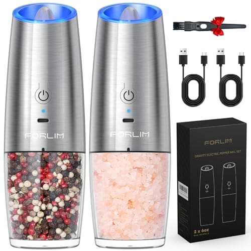 FORLIM Gravity Electric Salt and Pepper Grinder Set, USB Rechargeable 9oz Large Capacity Salt Grinder, Automatic One-Click Grinding One Hand Operated Adjustable Coarseness Pepper Mill(Silver)