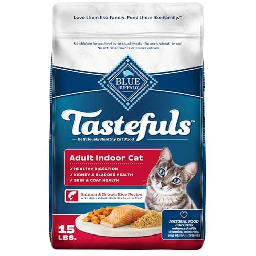 Blue Buffalo Tastefuls Salmon & Brown Rice Recipe Dry Indoor Cat Food for Adult Cats, Real Salmon First, Deliciously Healthy Natural Cat Food, Supports Digestive Care and Coat Health, 15 lbs.
