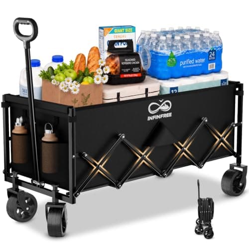INFINFREE 34" Extra Long Foldable Wagon with All-Terrain Wheels, 260 LBS Capacity Collapsible Utility Cart for Grocery Shopping, Apartment Moving, Camping, Picnic, Sports (Black)