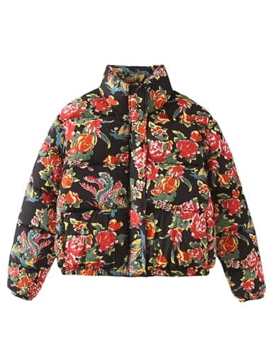 QSfuchuang Women Lightweight Floral Puffer Jacket Cropped Quilted Cardigan Coat Warm Vintage Boho Streetwear, Black L