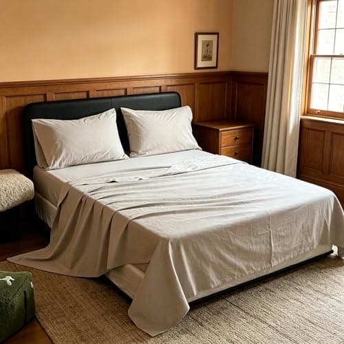 QKTE 100% Washed Cotton Sheet Set King Size, Breathable Durable Soft Linen Like Bedding Sheets Set, 4 Pcs-1 Flat Sheet, 1 Fitted Sheet & 2 Pillowcase with 17” Deep Pocket(Light Grey, King)
