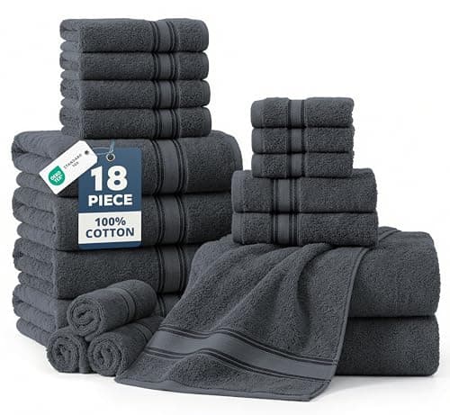 LANE LINEN 100% Mercerized Cotton Bath Towels Set of 18 – Zero Twist, 6 Bath, 6 Hand Towel & 6 Washcloths, Soft, Ideal for Spa Hotel & Home, Gentle on Body, Durable After Multiple Washes – Cool Grey