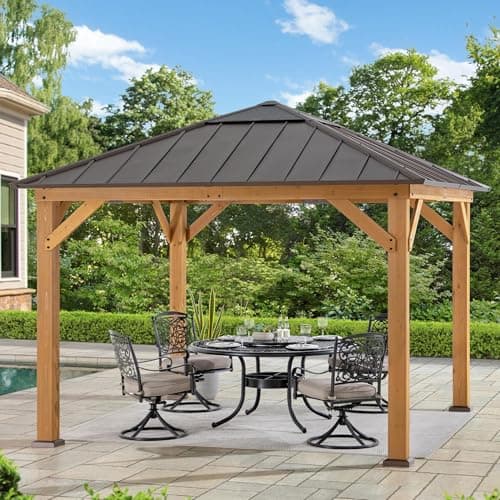 Sunjoy Hardtop Gazebo 11 x 11 ft. Cedar Framed Wood Gazebo with Brown Steel and Polycarbonate Hip Roof Hardtop for Garden, Backyard Shade