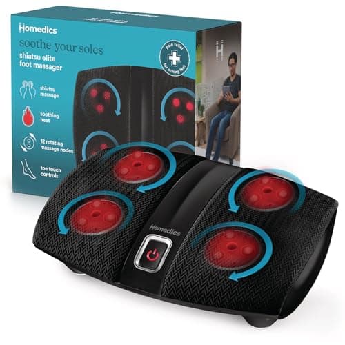 HoMedics Shiatsu Select Foot Massager with Heat – Shiatsu Foot Massager with Heat, Therapeutic Kneading & Rolling, 4 Rotational Heads with 12 Massage Nodes, Toe-Touch Control