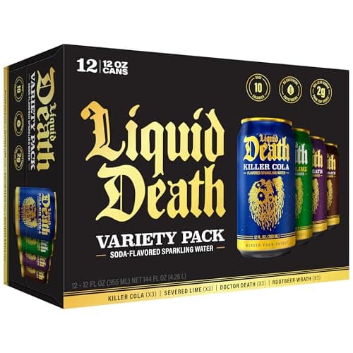 Liquid Death Soda-Flavored Sparkling Water - Classic Variety, Less Sugar*, Huge Flavor, No Caffeine, No Artificial Sweeteners, 4 Flavors: Lime, Doctor Death, Cola, Root Beer, 12 Fl Oz (Pack of 12)