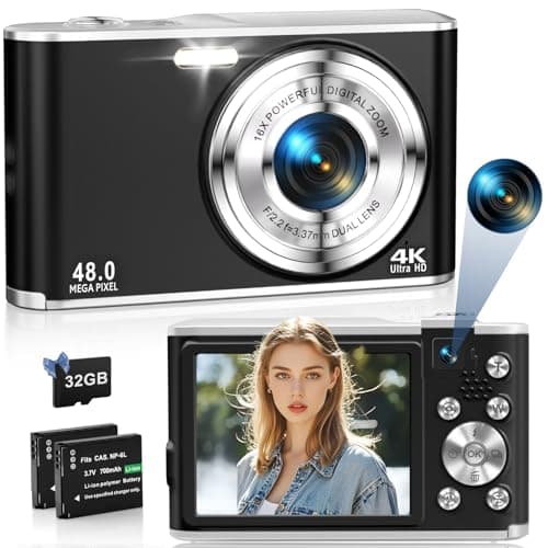 4K Digital Camera for Photography, 48MP Dual Cameras for Photography, 16X Digital Zoom Point and Shoot Cameras with 32GB Card & 2 Batteries Camera for Boys Girls Kids - Black