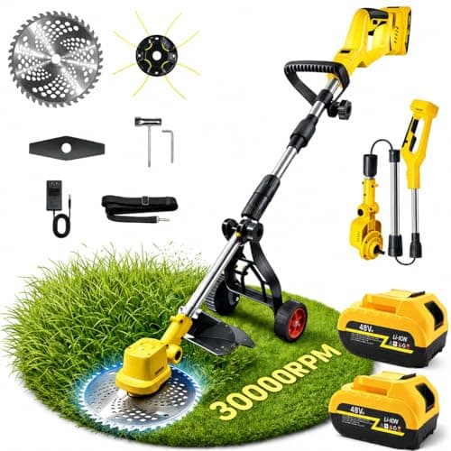 2026 New 30000 RPM Brushless Cordless Weed Wacker with Wheels, 12-Inch Battery Powered Electric Weed Eater, 4-in-1 Grass Trimmer, Brush Cutter, Stringless Weed Trimmer & Lawn Edger (1, Yellow)