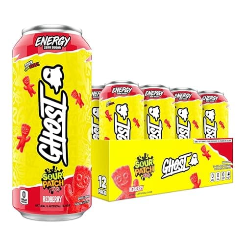 GHOST Energy Drink - 12-Pack, Sour Patch Kids Redberry, 16oz - Energy & Focus & No Artificial Colors - 200mg of Natural Caffeine, L-Carnitine & Taurine - Gluten-Free & Vegan