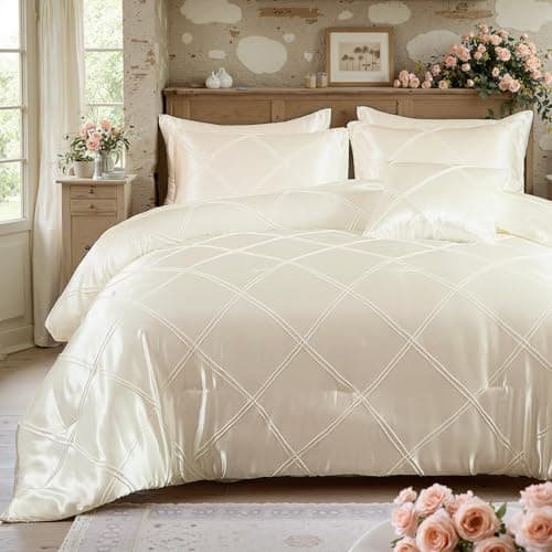 Chumerry White Satin Bedding Comforters & Sets Full Size Pinch Pleat Comforter Set Striped Diamond Pintuck Duvet Silk Like Luxury Silky Comforter Full Size Bed in a Bag