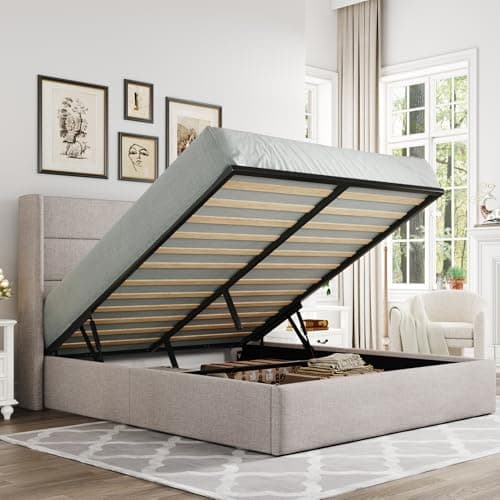 Allewie Queen Size Lift Up Storage Bed, Modern Wingback Headboard, Hydraulic Support, No Box Spring Needed, Light Beige