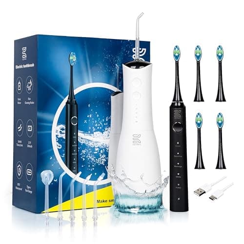 EKUBRA Water Dental Flosser and Sonic Electric Toothbrush, 40000 VPM, 4 Cleaning Modes, 380ML Large Tang & 4 Different Tips and 4 Brush Heads, Travel Case, Rechargeable USB C,