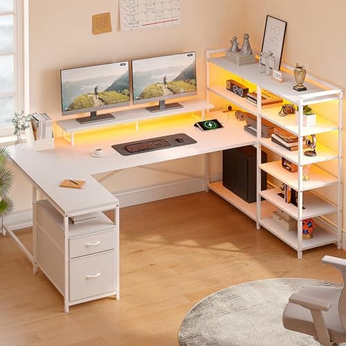 DurayLoly 63" L Shaped Desk with Monitor Stand & CPU Stand, Reversible Computer Desk with 6-Tier Shelves& 2 Fabric Drawers, Ergonomic Desk with Power Outlet & LED Lights for Home Office,White