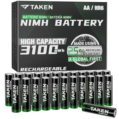 Taken Rechargeable AA Batteries 3100mWh 24-Pack NiMH High Capacity, Double A Batteries Made Using 25% Recycled Content, Recharge up to 2000x Times, Pre-Charged