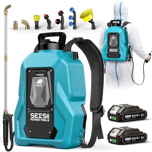 SEESII Backpack Sprayer Battery Powered, Leak-Proof 5-Gallon, Dual Battery Electric Sprayer with Telescopic Brass Wand & 7 Nozzles, 100 PSI Adjustable Pressure for Weed Lawn Garden Pest Control