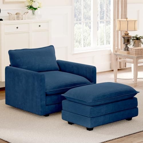 ROWHY Single Armchair with Ottoman, Modern Corduroy Cloud Couch with Convertible Chaise, Upholstered Sofa Set for Living Room and Office, Blue