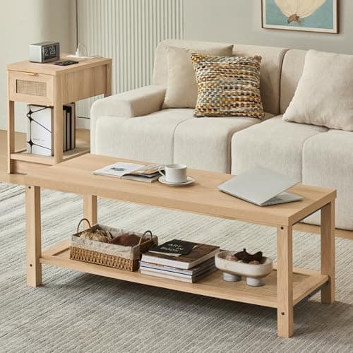 Lerliuo Boho Coffee Tables for Living Room, Rattan Center Table with Open Storage Shelf, Natural Wood