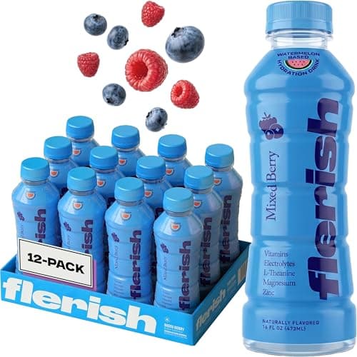 FLERISH Hydration Drink with Electrolytes, Watermelon Juice Based Functional Beverage with Magnesium, L-Theanine & Vitamins, 35 Calories, No Artificial Sweeteners, 16 oz, 12 Pack (Mixed Berry)