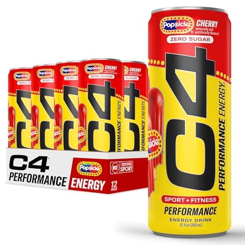 C4 Performance Energy Drink, Cherry Popsicle, Zero Sugar Carbonated Preworkout Energy, 150mg Caffeine with Beta Alanine, 12 Fl Oz (12 Pack)