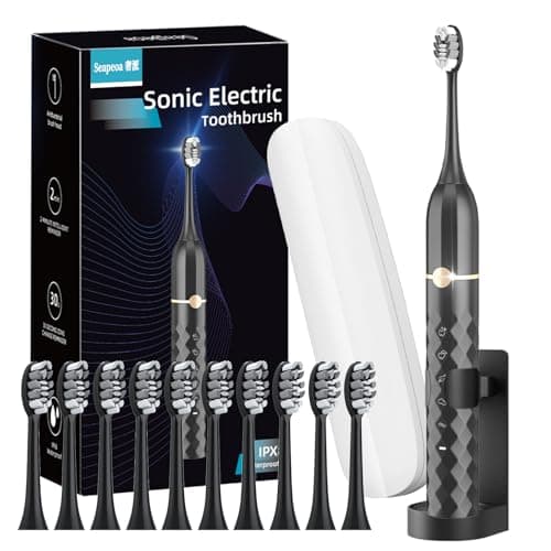 Seapeoa Sonic Electric Toothbrush Set, Equipped with 10 Brush Heads and Travel Case, IPX8 Waterproof, 2-Minute Timer, 42000 High-Frequency Vibrations, 5 Modes, The First Choice for Gift Giving, Black