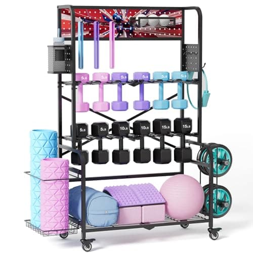 YiiMeeCoo Heavy Duty Dual-Row Dumbbell Rack with Wheels, Home Gym Vertical Storage Stand with Yoga Mat Storage, Space Saving Fitness Equipment Organizer for Home Workout