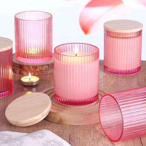 sunnyfuture 10 OZ Pink Candle Jars for Making Candles Set of 8, Ribbed Glass Candle Jars with Wood Lids and Labels, Candle Containers for DIY, Gifts, Home Decoration