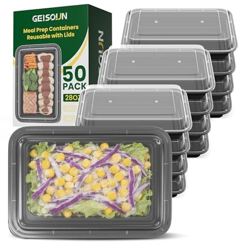 Geisoun 100 Pack 28oz Meal Prep Containers Reusable with Easy Open Lids, Sturdy Leakproof Food Safe, To Go Take Out Plastic Food Storage Containers with Lids, Microwave Freezer Dishwasher Safe, Black