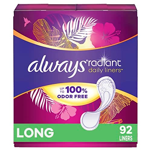 Always Radiant Daily Liners Light Absorbency, Long Length, Up to 100% Odor Free and Fragrance Free, with Edge-2-Edge Adhesive, 92 ( individually wrapped )