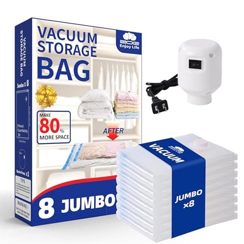 ZoeEnjoyLife, Vacuum Storage Bags with Electric Pump, 8 Jumbo Pack Space Saver Bags, Heavy Duty Reusable PA+PE Vacuum Sealer Bags for Comforters, Bedding, Blankets, Clothes, Home Organization & Travel