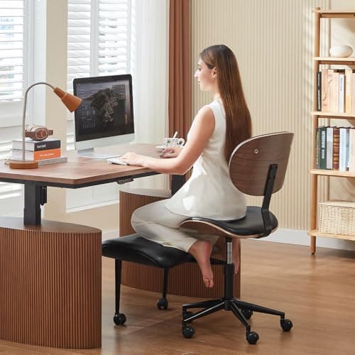 Bestier Cross Legged Office Chair with Wheels, Ergonomic Wide Meditation Chair for Adults up to 300 lbs, 360° Swivel Seat for ADHD, Strong Lumbar Support for Kneeling Meditation Black PU Leather