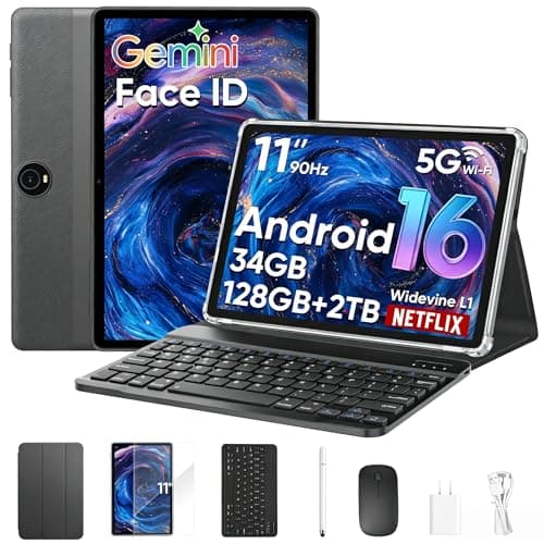 Android 16 Tablet 11 inch Tablets with Keyboard, 34GB+128GB+2TB Expand, Tablets PC with Gemini AI, Octa-Core, 8000mAh, 90Hz IPS Display, 2 in 1 Large Tablets with Case, Mouse, Stylus, Black (Black)