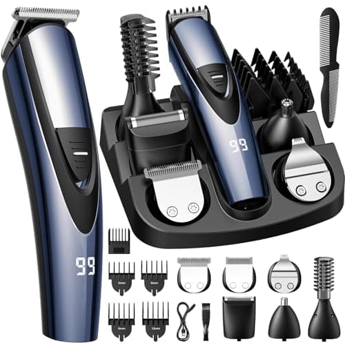 SHPAVVER Beard Trimmer for Men: Professional Barber Hair Clippers - 12-in-1 Cordless Grooming Kit - Waterproof Electric Razor with Turbo Speed & Precision Blades, Blue