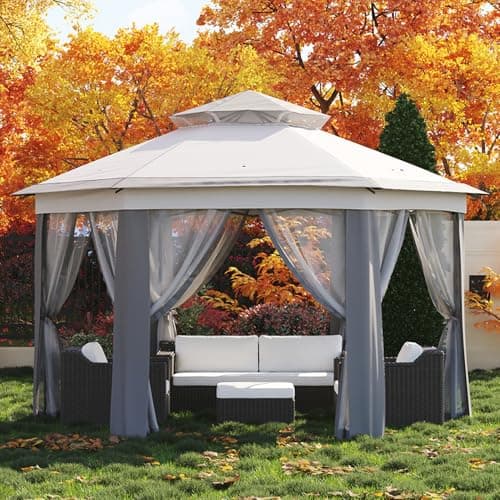 Garvee Pop Up Gazebo Screen Tent,Hexagonal Instant Gazebo Tent with Mosquito Netting Outdoor Canopy,6 Sided Sun Shelter 13x13ft with Mesh Netting,Pavilion Tents for Patio,Light Gray+Dark Gray
