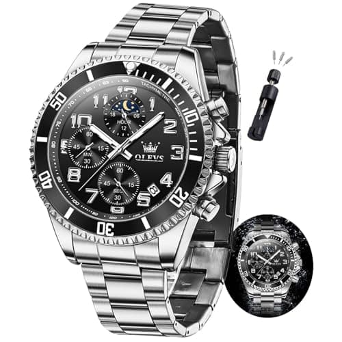 OLEVS Watch Men Luxury Black Face Silver Stainless Steel Dress Wrist Waterproof Quartz Analog Watches for Men Nice Fashion Chronograph Moon Phase Luminous Large Face Mens Watches Relojes para Hombres