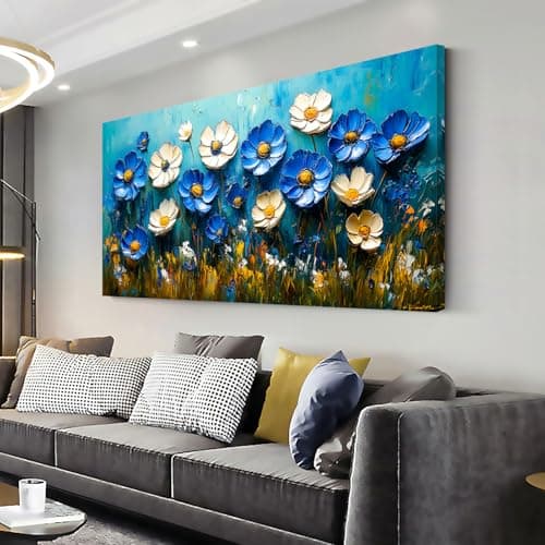 Flowers Wall Art Blue & White Daisy Oil Painting Reproduction Modern Canvas Print Rustic Floral Retro Chrysanthemum Artwork Picture for Country Farmhouse Living Room Bedroom Home Office Kitchen Decor LAVIKARS (23x46inch)
