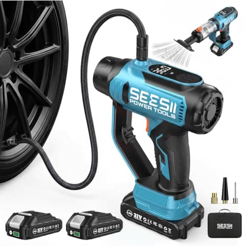 SEESII 2-IN-1 Tire Inflator & Car Vacuum with 2×2000mAh Batteries, 150PSI Rapid Portable Air Compressor, 20000Pa Suction, 21V Cordless Air Pump, Digital Gauge, LED Light for Car, Ball, Bike, Home