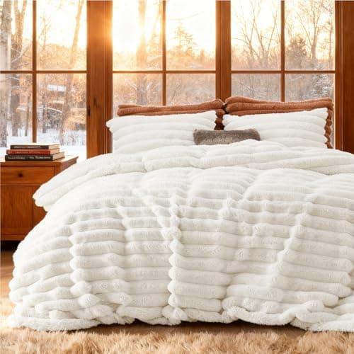 Bedsure Faux Fur Duvet Cover Queen Size - White Fluffy Duvet Cover Set, Soft and Cozy Shaggy Bedding Comforter Cover, Winter Warm Luxury Fuzzy Bed Set 3 Pieces, 1 Queen Duvet Cover and 2 Pillowcases