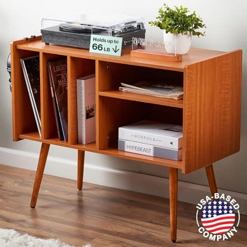 LOFT + IVY Record Player Stand with Vinyl Storage – Turntable Table with Shelves and Backboard – Walnut Wood Frame Vinyl Record Storage with Headphone Hook – Compact Audio Stand with Stabilizers