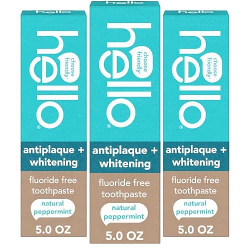 Hello Antiplaque and Whitening Fluoride Free Toothpaste, 5 Oz Tube, Whitening Toothpaste with Natural Peppermint Flavor and Tea Tree Oil, Crushes Tartar and Helps Remove Surface Stains, 3 Pack