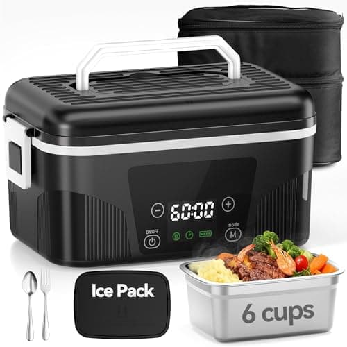DOLOPL Cordless Electric Lunch Box for Adults, Portable Rechargeable Heated Lunch Box with Scheduled Heating, 6-Cup Leak-Proof Design, Bonus Ice Pack & Insulated Bag for Work, Travel, Office