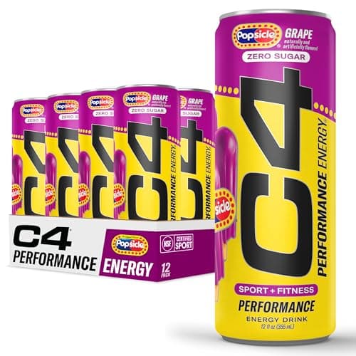 C4 Performance Energy Drink, Grape Popsicle, Zero Sugar Carbonated Preworkout Energy, 150mg Caffeine with Beta Alanine, 12 Fl Oz (12 Pack)