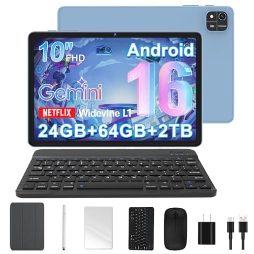 Android 16 Tablet, 10 Inch Tablet with Octa-Core, 24GB RAM 64GB ROM 2TB Expand, Gemini AI, 6000mAh, WiFi, GPS, Dual Camera, BT 5.0, 2 in 1 Tablets PC with Keyboard, Case, Mouse, Stylus (Blue)